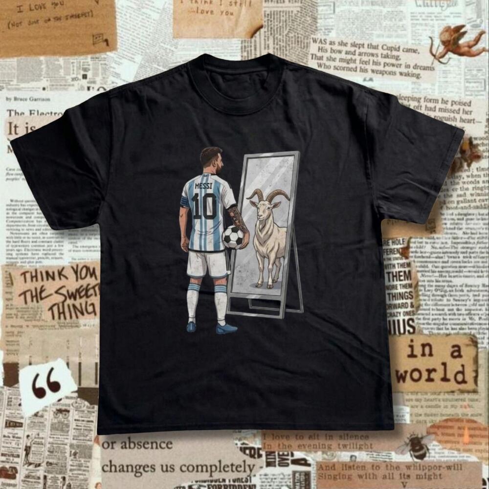 Messi Goat T-Shirt Black Graphic Tee Featuring Messi In A Mirror With A Goat